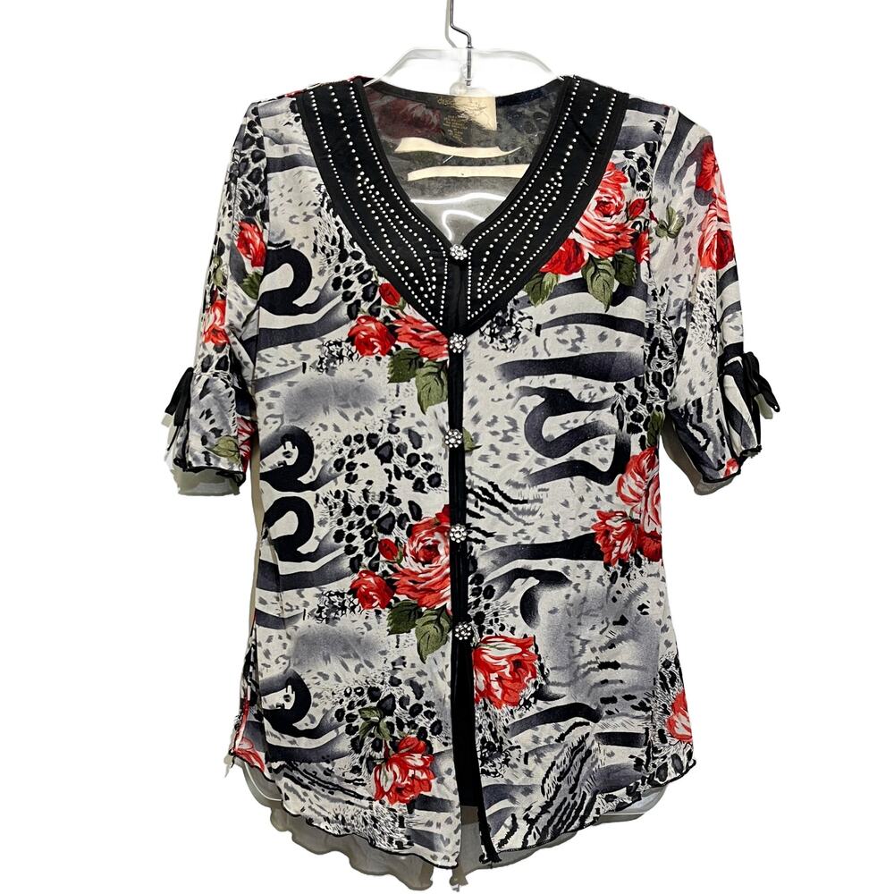 Design Works Petite Blouse Womens Size Small Petite Red Black Rose Animal Print